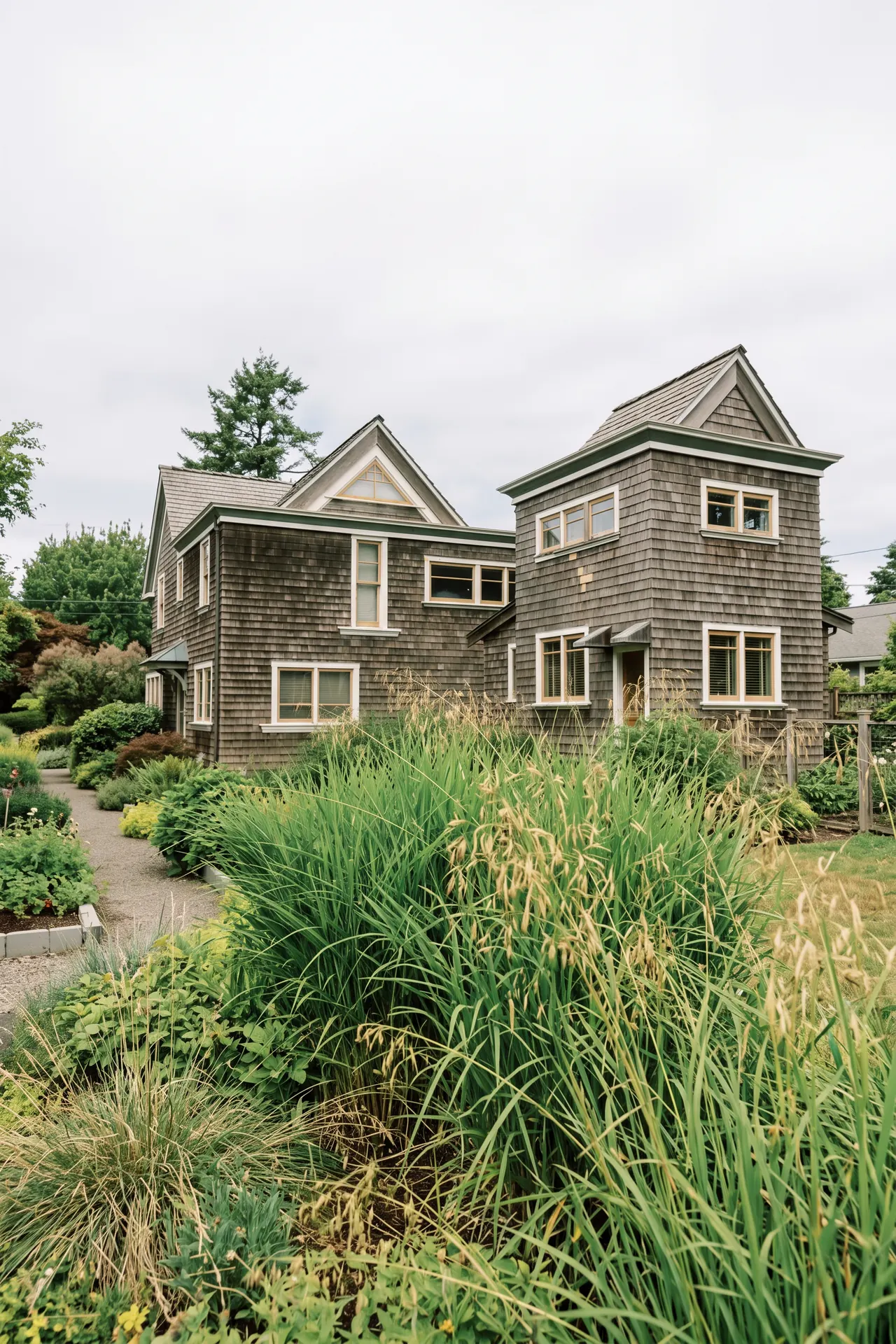 A weathered cedar-shingle house with deep green rooflines, off-white window casings and warm wooden sashes, seen behind tall garden grasses with dry seed heads under a pale overcast sky